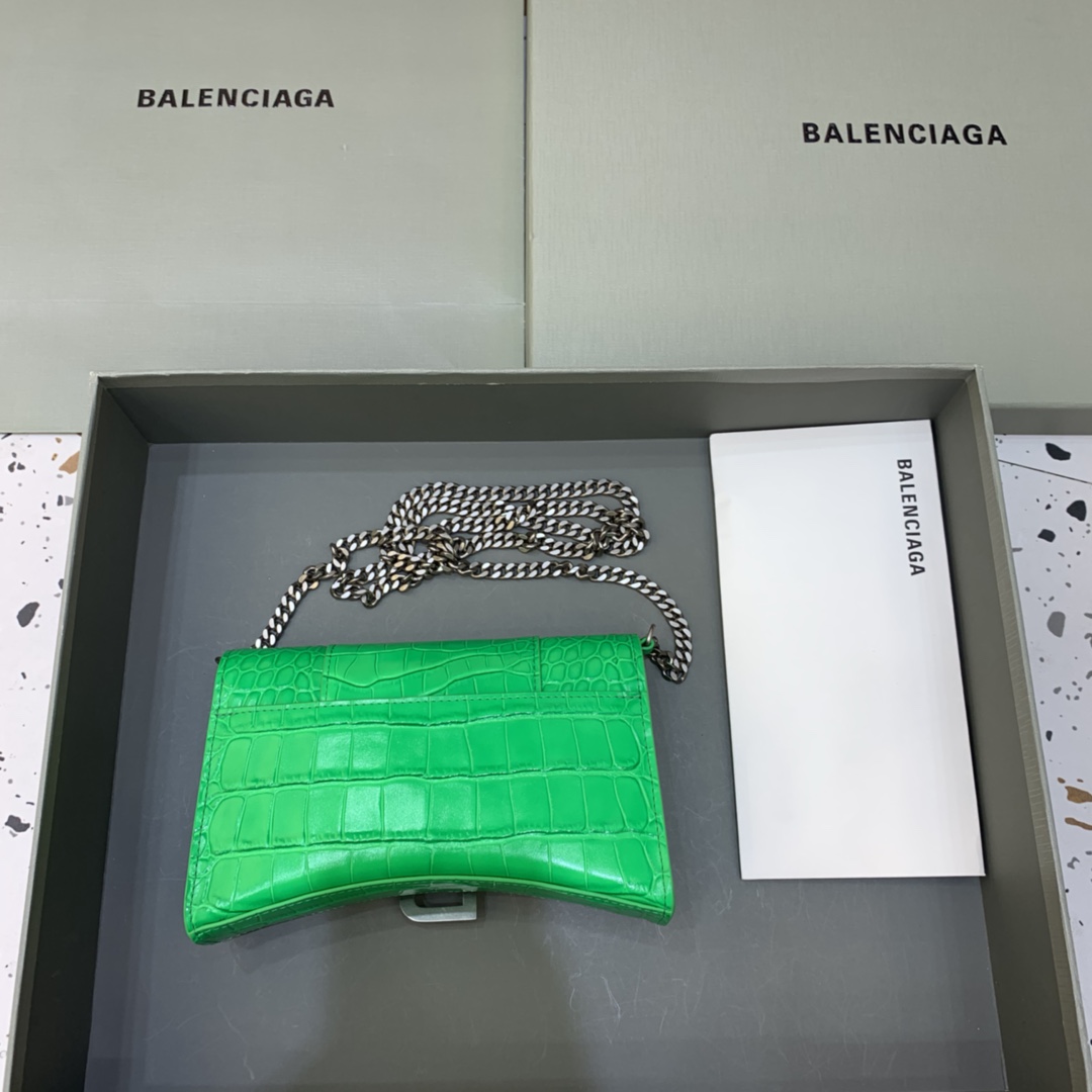 Balenciaga Small Hourglass Wallet With Chain Crocodile Embossed Shoulder Bag Green